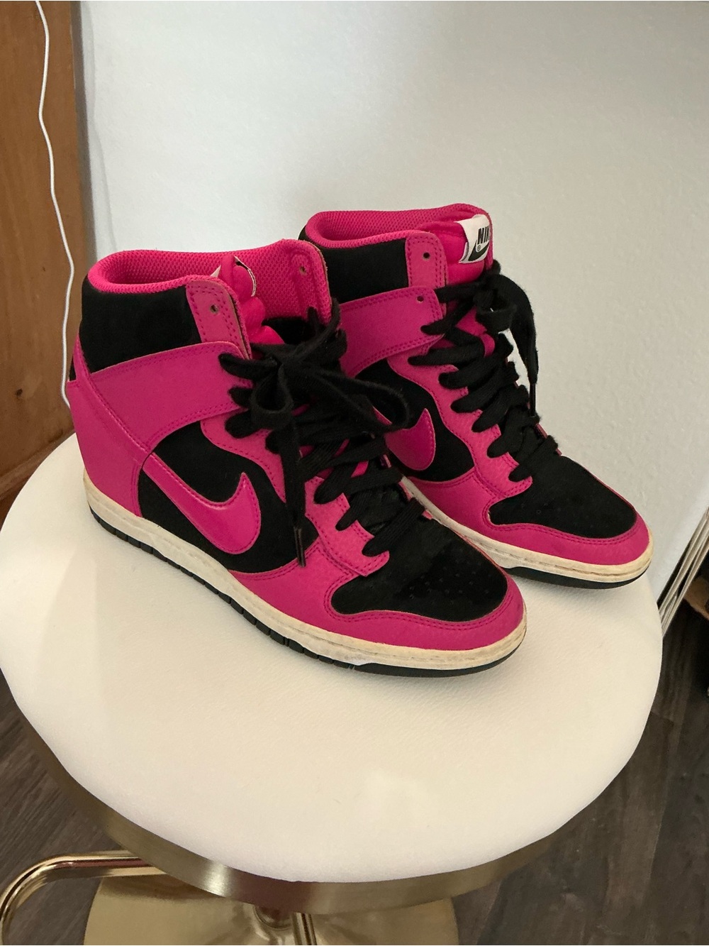 2014 Nike Dunk Sky Hi Women’s High-Top Wedge Sneakers Fireberry Pink Black 7.5US